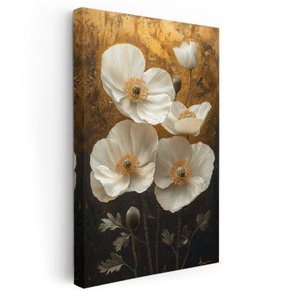 Beyaz Gelincikler - Altın Fonda Zarif Çiçekler Kanvas Tablo