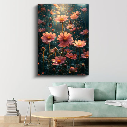 Peri Bahçesi - Altın Işıltılı Pembe Papatyalar Kanvas Tablo