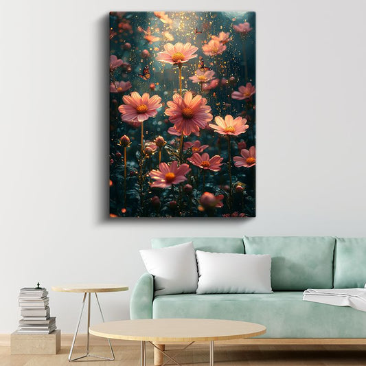 Peri Bahçesi - Altın Işıltılı Pembe Papatyalar Kanvas Tablo