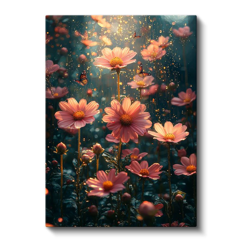 Peri Bahçesi - Altın Işıltılı Pembe Papatyalar Kanvas Tablo