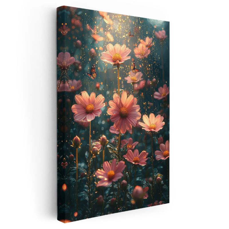 Peri Bahçesi - Altın Işıltılı Pembe Papatyalar Kanvas Tablo