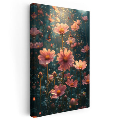 Peri Bahçesi - Altın Işıltılı Pembe Papatyalar Kanvas Tablo