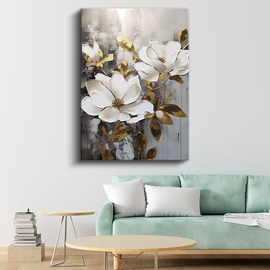 Beyaz Manolya - Altın Yapraklı Dokulu Çiçek Kanvas Tablo
