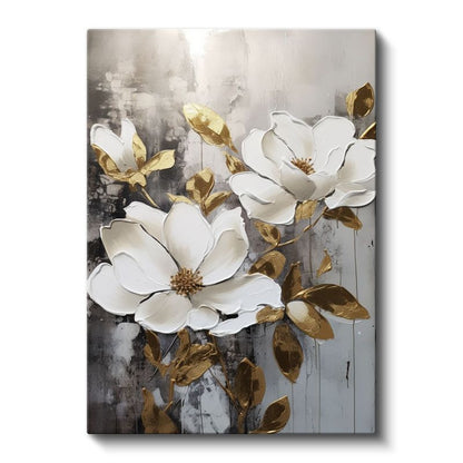 Beyaz Manolya - Altın Yapraklı Dokulu Çiçek Kanvas Tablo