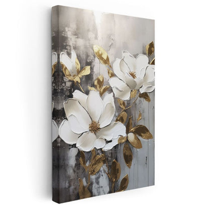 Beyaz Manolya - Altın Yapraklı Dokulu Çiçek Kanvas Tablo