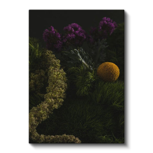 Yeşil Bahçe - Karanlık Fonda Yosun ve Çiçekler Kanvas Tablo