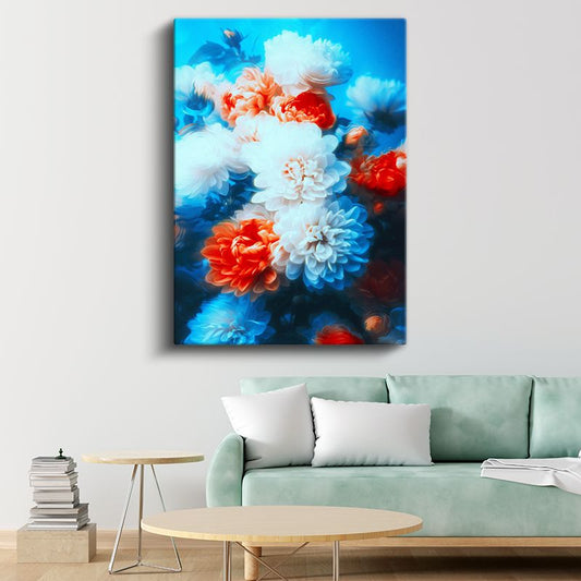 Mavi Şakayık - Turkuaz Fonda Beyaz ve Turuncu Çiçekler Kanvas Tablo