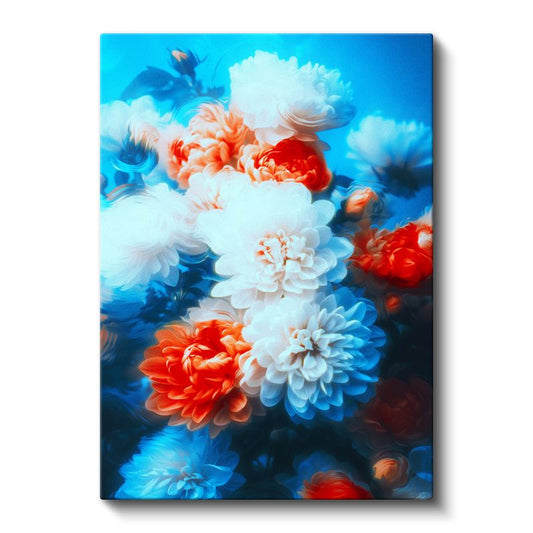 Mavi Şakayık - Turkuaz Fonda Beyaz ve Turuncu Çiçekler Kanvas Tablo