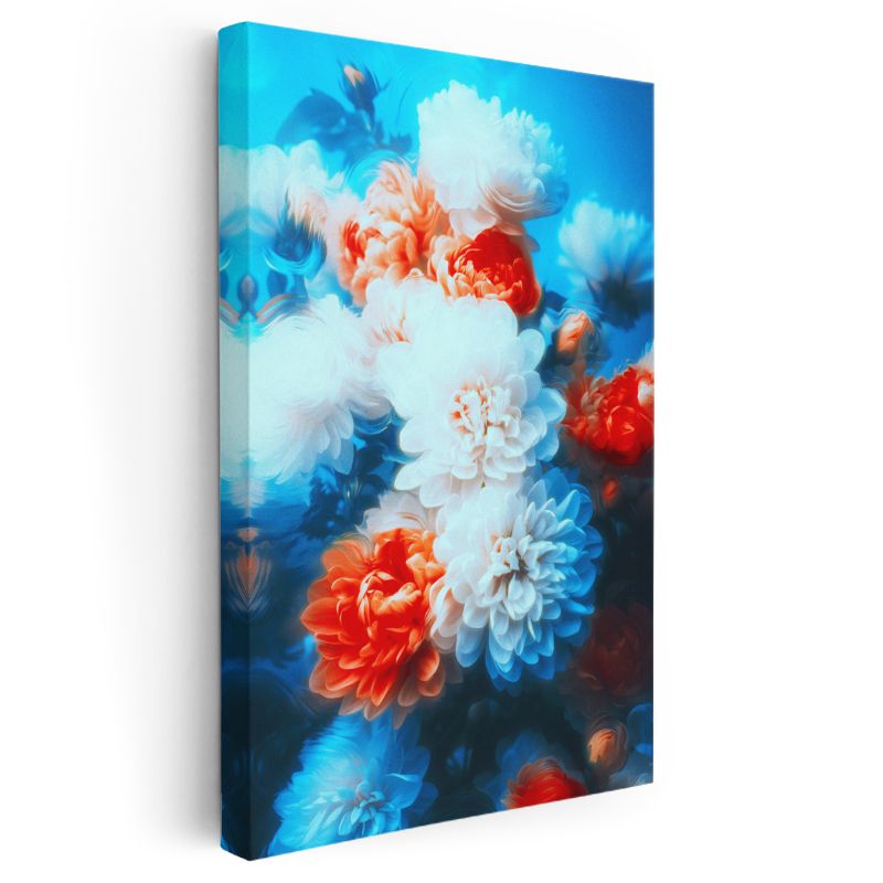 Mavi Şakayık - Turkuaz Fonda Beyaz ve Turuncu Çiçekler Kanvas Tablo