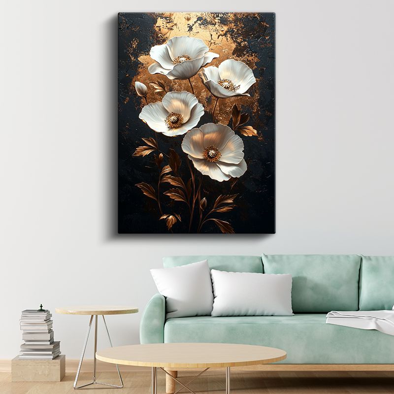 Altın Gelincikler - Lüks Siyah Zeminde Beyaz Çiçekler Kanvas Tablo