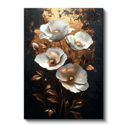 Altın Gelincikler - Lüks Siyah Zeminde Beyaz Çiçekler Kanvas Tablo