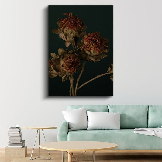 Nostaljik Çiçekler - Vintage Koyu Zeminde Kurumuş Çiçekler Kanvas Tablo