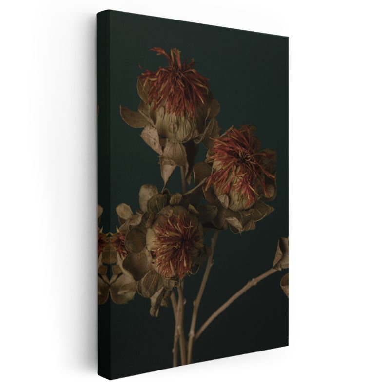 Nostaljik Çiçekler - Vintage Koyu Zeminde Kurumuş Çiçekler Kanvas Tablo