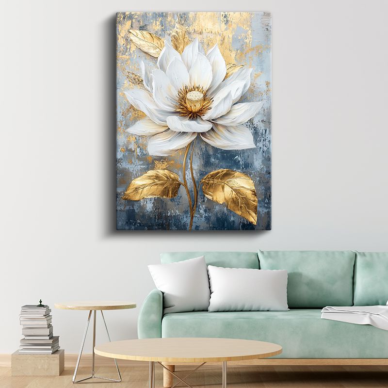 Altın Lotus - Lüks Mavi Zeminde Beyaz Nilüfer Kanvas Tablo