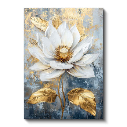 Altın Lotus - Lüks Mavi Zeminde Beyaz Nilüfer Kanvas Tablo