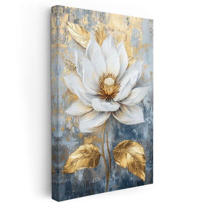 Altın Lotus - Lüks Mavi Zeminde Beyaz Nilüfer Kanvas Tablo