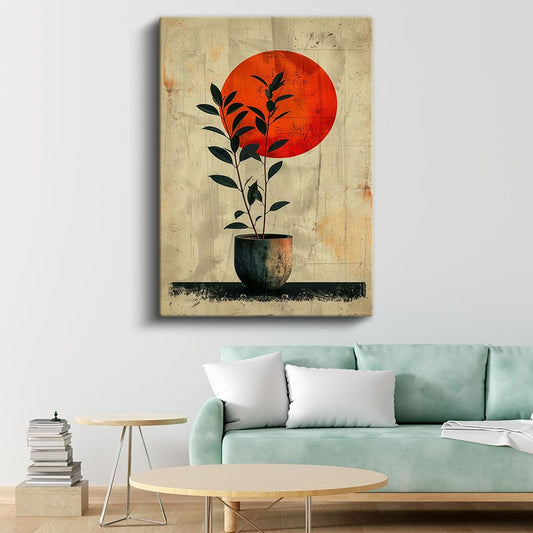 Minimalist Bitki - Kırmızı Güneş ve Saksıda Yapraklar Kanvas Tablo