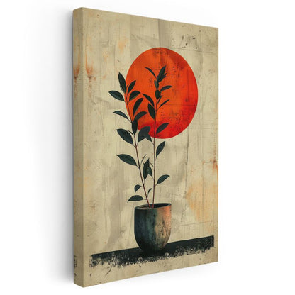 Minimalist Bitki - Kırmızı Güneş ve Saksıda Yapraklar Kanvas Tablo