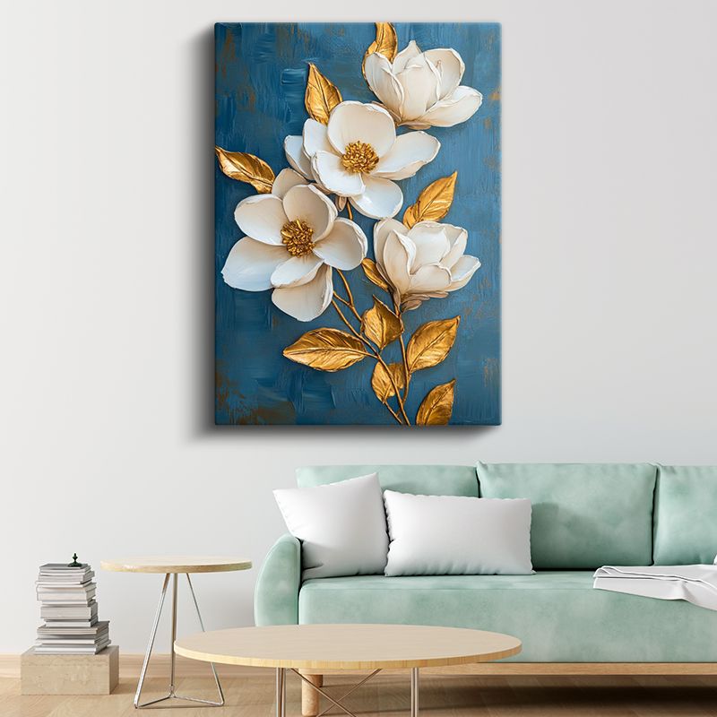 Altın Manolyalar - Mavi Zeminde Beyaz Çiçekler Kanvas Tablo