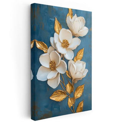 Altın Manolyalar - Mavi Zeminde Beyaz Çiçekler Kanvas Tablo