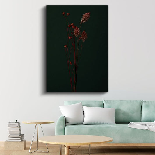 Kuru Çiçekler - Koyu Zeminde Dekoratif Bitki Siluetleri Kanvas Tablo