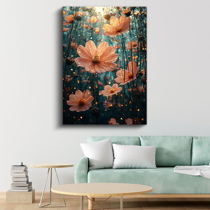 Peri Bahçesi - Işıltılı Pembe Çiçekler ve Kelebekler Kanvas Tablo