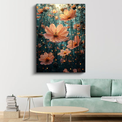 Peri Bahçesi - Işıltılı Pembe Çiçekler ve Kelebekler Kanvas Tablo