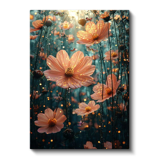 Peri Bahçesi - Işıltılı Pembe Çiçekler ve Kelebekler Kanvas Tablo