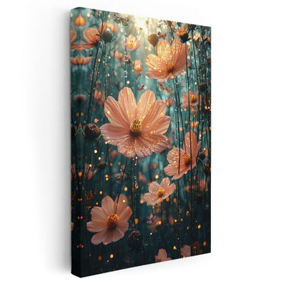 Peri Bahçesi - Işıltılı Pembe Çiçekler ve Kelebekler Kanvas Tablo