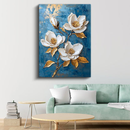 Beyaz Manolyalar - Mavi Fon Üzerinde Altın Detaylı Kabartma Görünümlü Kanvas Tablo