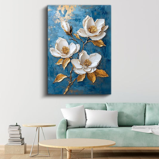 Beyaz Manolyalar - Mavi Fon Üzerinde Altın Detaylı Kabartma Görünümlü Kanvas Tablo