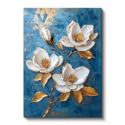 Beyaz Manolyalar - Mavi Fon Üzerinde Altın Detaylı Kabartma Görünümlü Kanvas Tablo