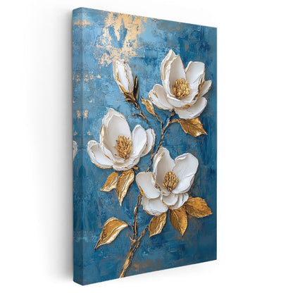 Beyaz Manolyalar - Mavi Fon Üzerinde Altın Detaylı Kabartma Görünümlü Kanvas Tablo