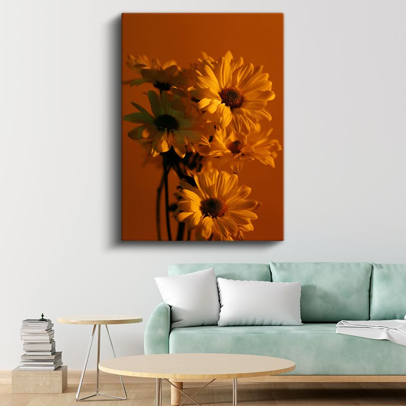 Altın Papatyalar - Sıcak Turuncu Fonda Çiçek Buketi Kanvas Tablo