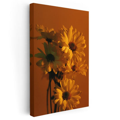 Altın Papatyalar - Sıcak Turuncu Fonda Çiçek Buketi Kanvas Tablo