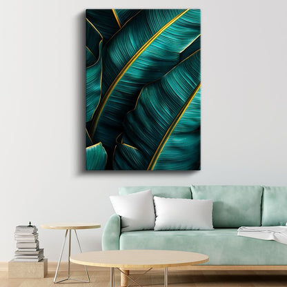 Turkuaz Yapraklar - Altın Damarlı Tropikal Bitki Deseni Kanvas Tablo
