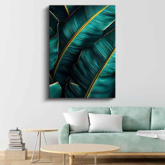 Turkuaz Yapraklar - Altın Damarlı Tropikal Bitki Deseni Kanvas Tablo
