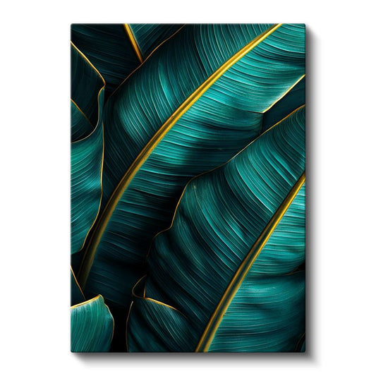Turkuaz Yapraklar - Altın Damarlı Tropikal Bitki Deseni Kanvas Tablo