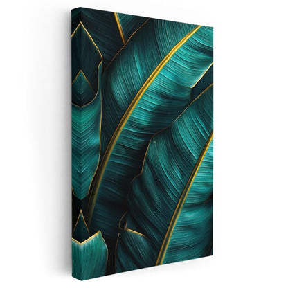 Turkuaz Yapraklar - Altın Damarlı Tropikal Bitki Deseni Kanvas Tablo
