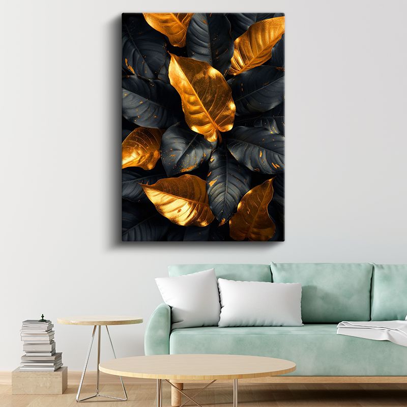 Lüks Yapraklar - Siyah Zeminde Altın Detaylı Botanik Kanvas Tablo