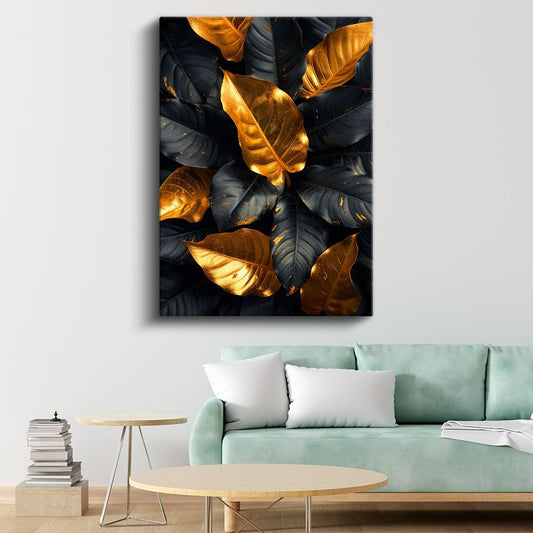 Lüks Yapraklar - Siyah Zeminde Altın Detaylı Botanik Kanvas Tablo