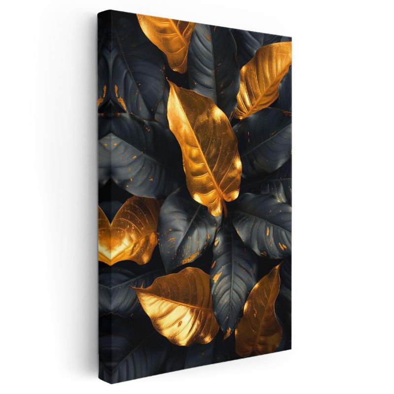Lüks Yapraklar - Siyah Zeminde Altın Detaylı Botanik Kanvas Tablo