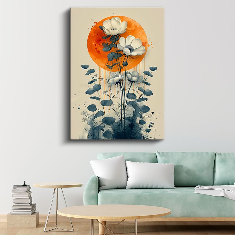 Ay Işığında Çiçekler - Turuncu Daire Fonlu Minimalist Çiçek Kanvas Tablo