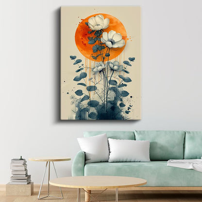 Ay Işığında Çiçekler - Turuncu Daire Fonlu Minimalist Çiçek Kanvas Tablo