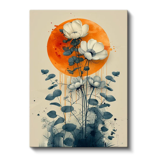 Ay Işığında Çiçekler - Turuncu Daire Fonlu Minimalist Çiçek Kanvas Tablo