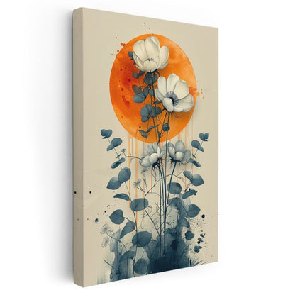Ay Işığında Çiçekler - Turuncu Daire Fonlu Minimalist Çiçek Kanvas Tablo