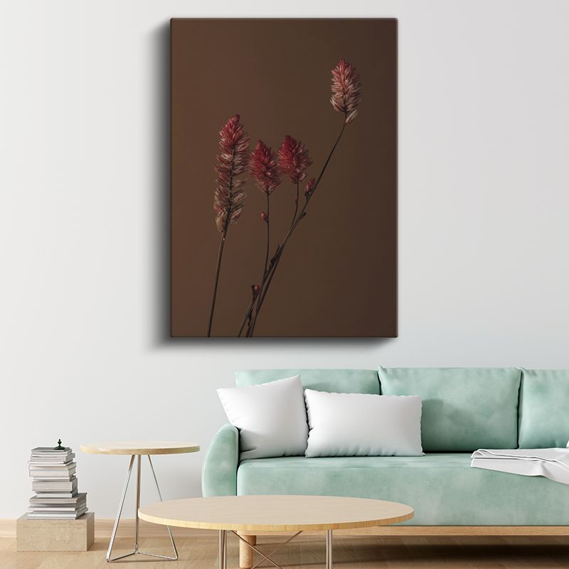 Kızıl Başaklar - Kahverengi Fonda Minimalist Bitki Silueti Kanvas Tablo