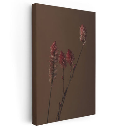 Kızıl Başaklar - Kahverengi Fonda Minimalist Bitki Silueti Kanvas Tablo