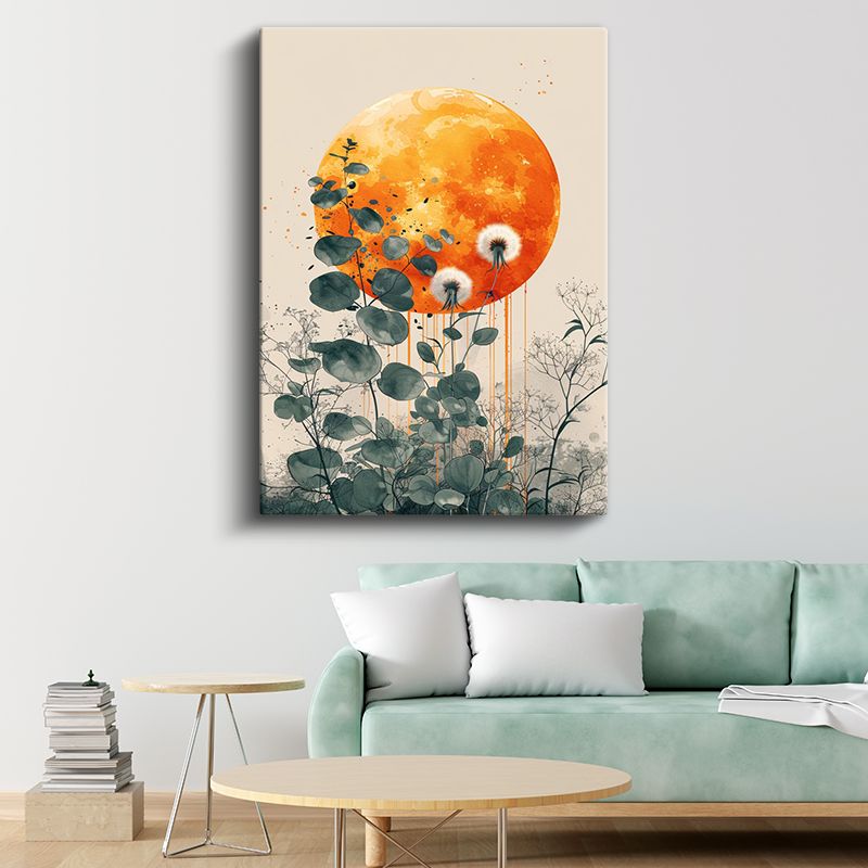 Karahindiba ve Ay - Turuncu Dolunay Fonlu Botanik Kanvas Tablo