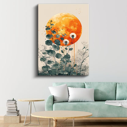 Karahindiba ve Ay - Turuncu Dolunay Fonlu Botanik Kanvas Tablo